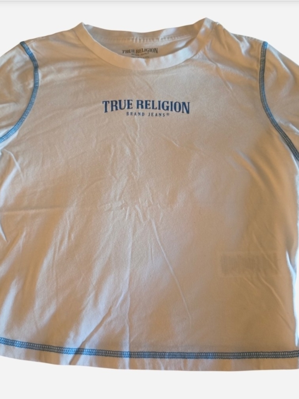 True Religion Contrast Stitch Baby Tee | White & Blue Logo Graphic Crop Top L